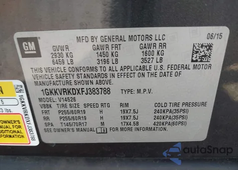 2015 GMC Acadia Slt-1 z USA, uszkodzony, nr VIN 1GKKVRKDXFJ383788